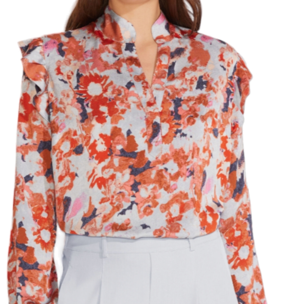 🆕Nic+Zoe Flutter Long Sleeve V-Neck Pullover Blouse Pressed Petals Graphic